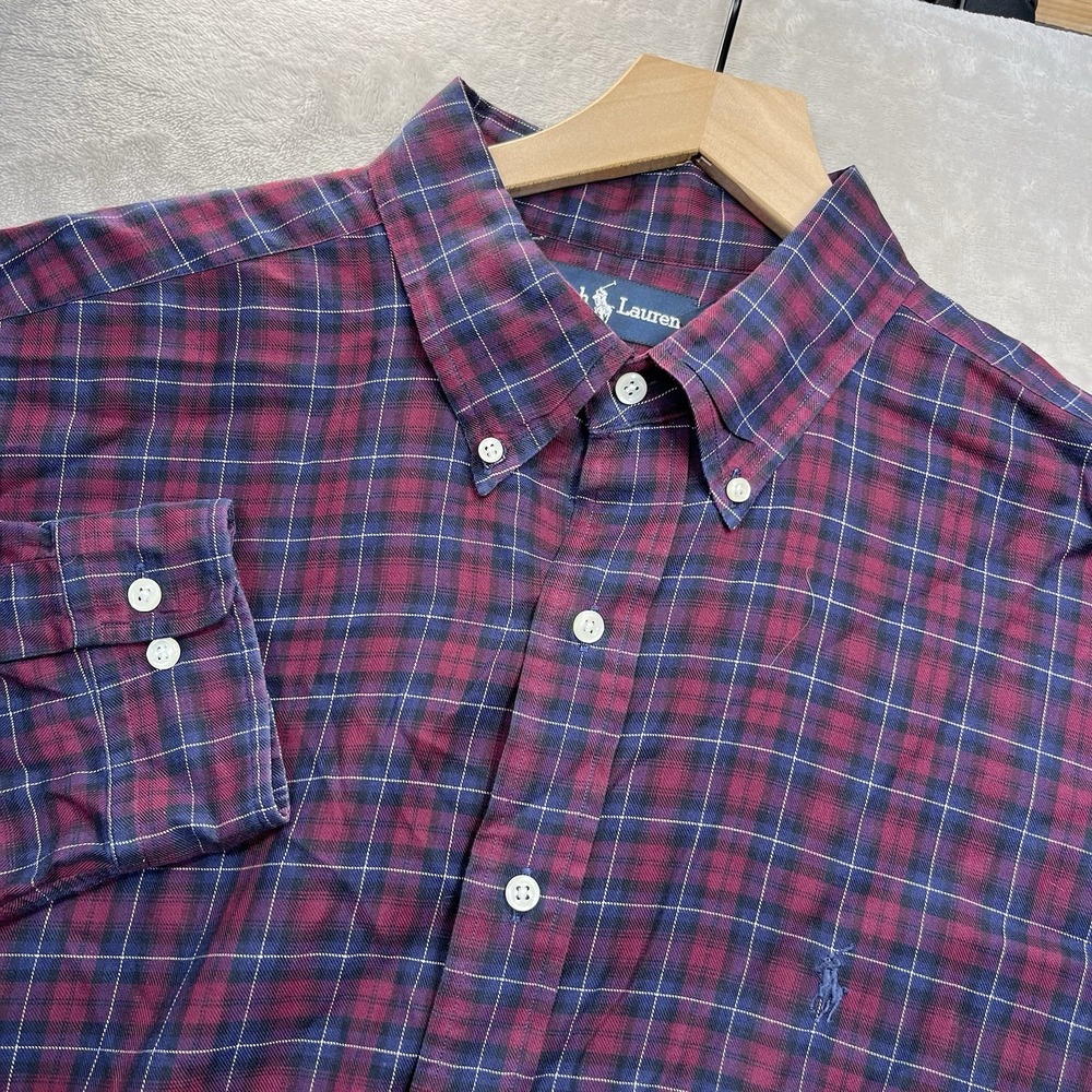 Ralph Lauren Shirt Mens 17.5 34/35 Vintage Yarmouth Red Blue Plaid Button Down